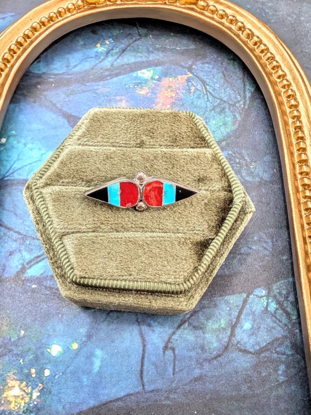 Vintage Artisan Made Southwestern Silver Brooch with Onyx, Carnelian & Turquoise